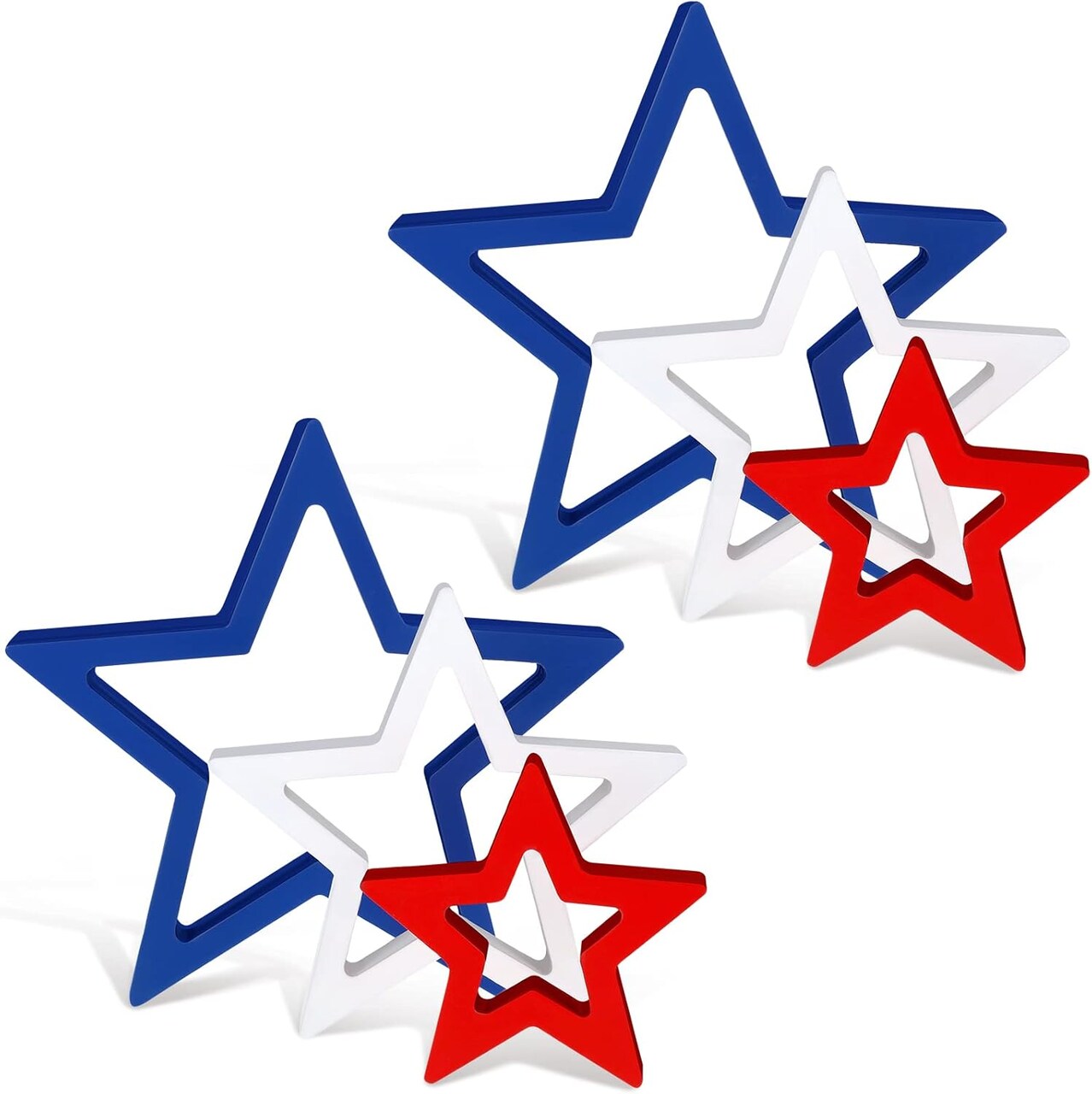 6-piece set of patriotic wooden star decorations in red, white, and blue, perfect for tabletop centerpieces, tiered trays, shelves, or home and office décor for Independence Day and Memorial Day celebrations.